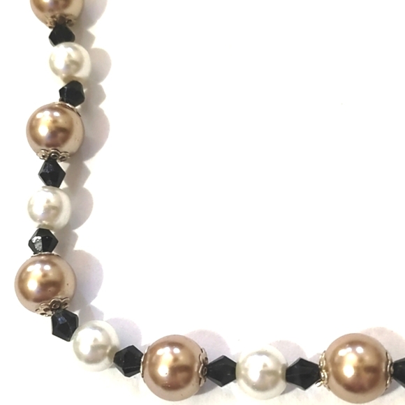 VINTAGE FAUX PEARL GOLD BLACK BEADED 17-21"NECKLACE STRETCH BRACELET EARRING SET - Picture 6 of 11